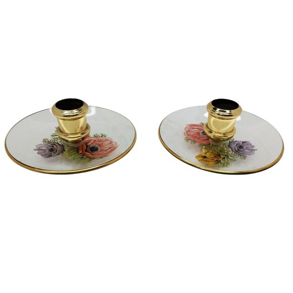 Vintage Chance Glass Candlestick Holder Set with Poppy Flowers and Gold Rim 5" d - Picture 6 of 8